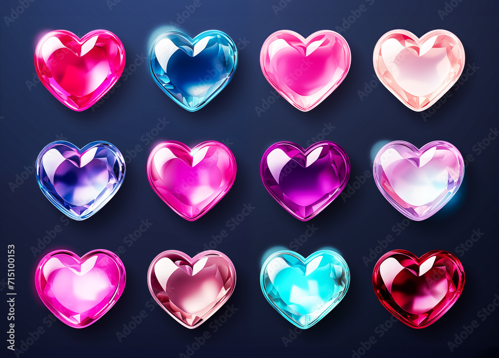 Different hearts on dark blue background