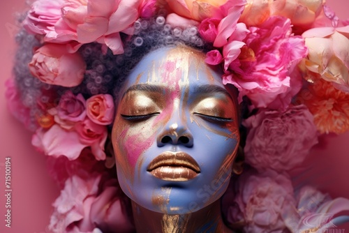  a close up of a woman with flowers on her head and a blue body painted with gold and pink colors.