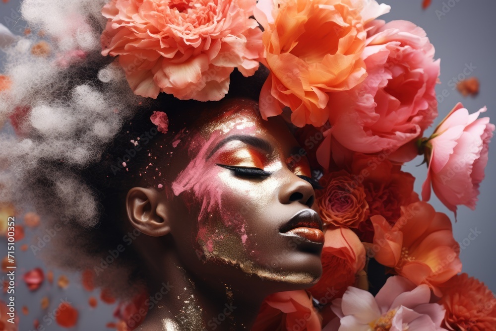a woman with flowers on her head with smoke coming out of her face and a lot of flowers on her head. a woman with flowers on her head with smoke coming out of her face and a lot of flowers on her head.