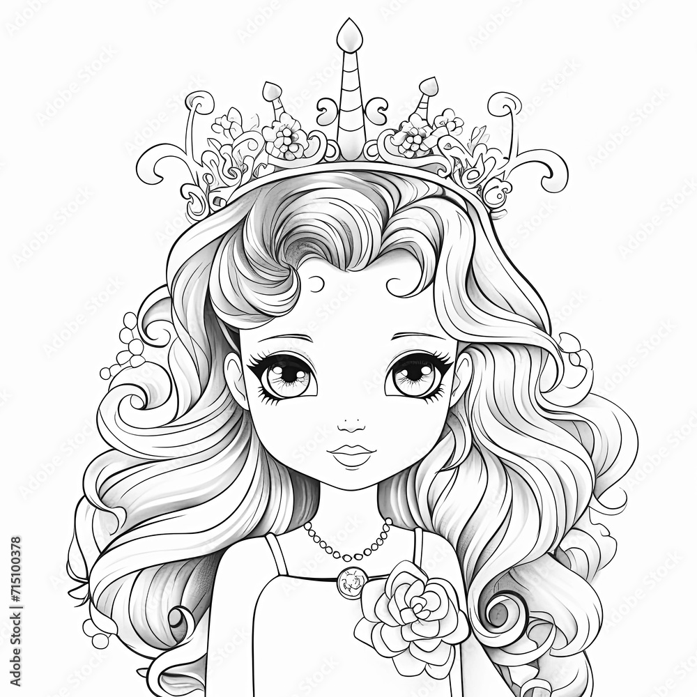 Cute princess beautiful on white background.Doodle coloring page for kids. Black white illustration