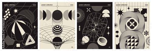 Set of futuristic posters in brutalism style. Minimalistic covers with graphic wireframes, geometric shapes and inscriptions. Flyer design. Cartoon flat vector collection isolated on white background