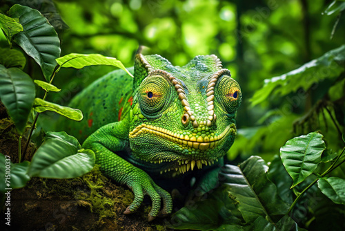 A green-colored chameleon in its natural habitat