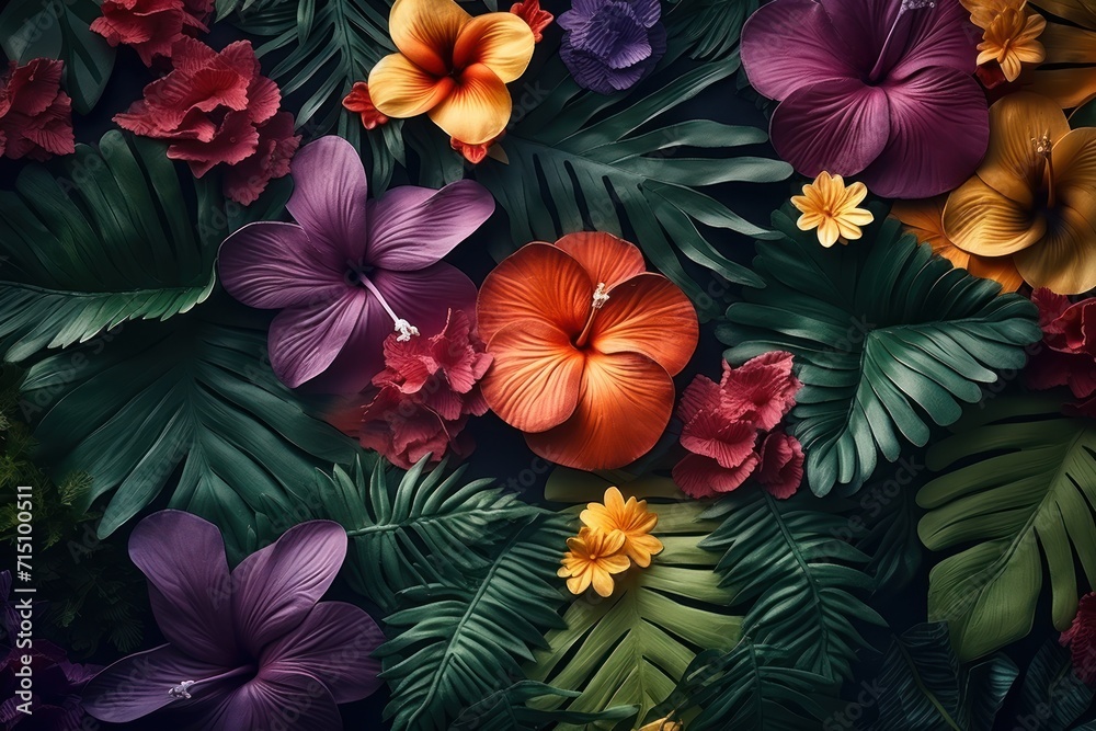  a close up of a bunch of flowers on a bed of green leaves and flowers on a bed of red, yellow, purple, and orange flowers.