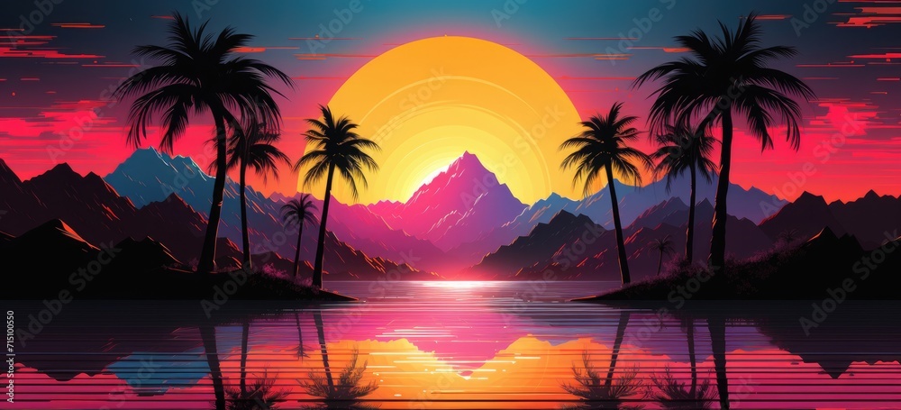 Tropical sunset landscape with mountains and palm trees. Vibrant travel destination. Banner.