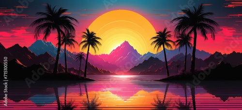 Tropical sunset landscape with mountains and palm trees. Vibrant travel destination. Banner.