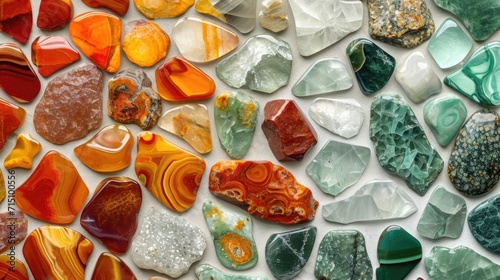 Energetic collage of Carnelian, Jadeite, and Tiger's Eye, invigorating the senses with their vibrant colors on a white background