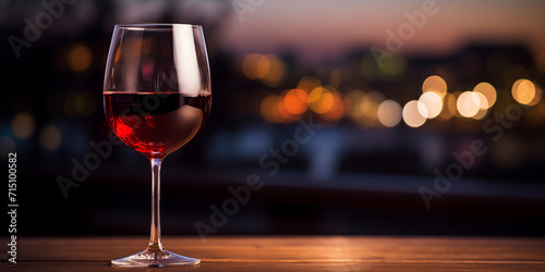 Glass of red wine on a wooden table against a background of blurry lights