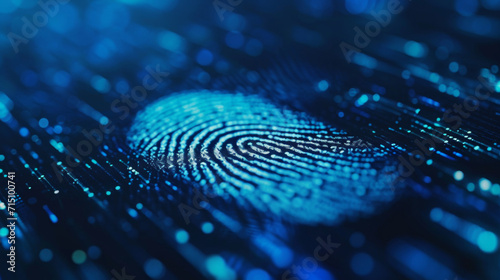 Fingerprint on a blue microchip. Cybersecurity concept, user privacy security and encryption. Future technology, data protection, secure internet access. photo