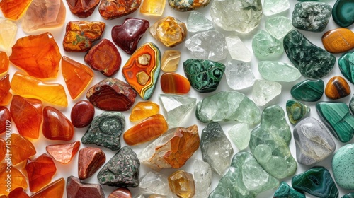 Energetic collage of Carnelian, Jadeite, and Tiger's Eye, invigorating the senses with their vibrant colors on a white background