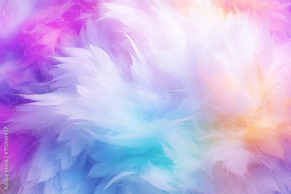  a multicolored background with white, pink, blue, and yellow feathers in the center of the image.