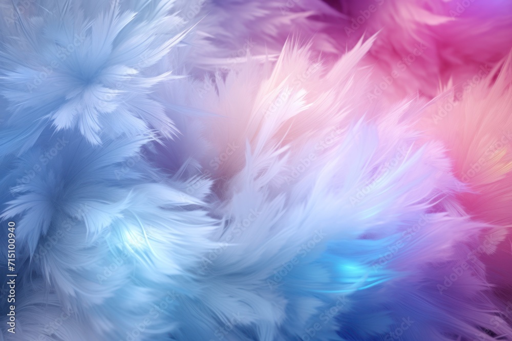  a multicolored background of feathers with a blurry image of blue, pink, purple, and white feathers.