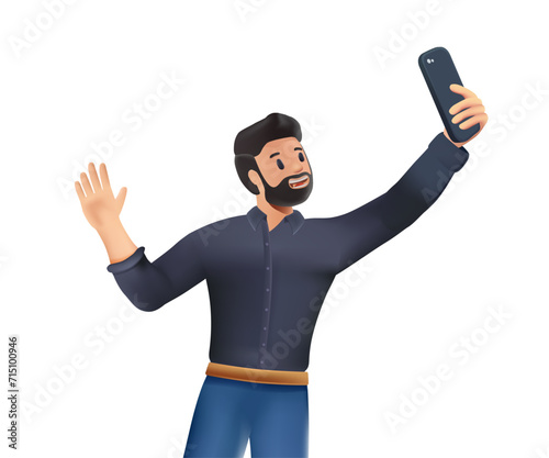 Young smiling man taking selfie with phone and making peace gesture sign. 3d vector people character illustration. 3D