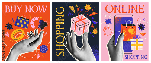 Online shopping poster set. Advertising flyers with hands hold smartphone or shopping bags and making purchases. Sale and special offer. Cartoon flat vector illustrations isolated on white background