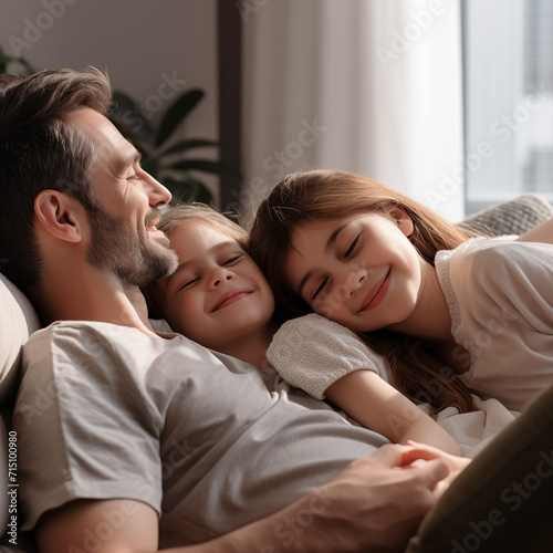 Paz y tranquilidad con papá.
fotografía de primer plano de papá con sus hijas pequeñas descansando en el sofá del salón
