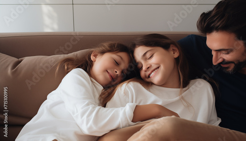 Paz y tranquilidad con papá. fotografía de primer plano de papá con sus hijas pequeñas descansando en el sofá del salón 