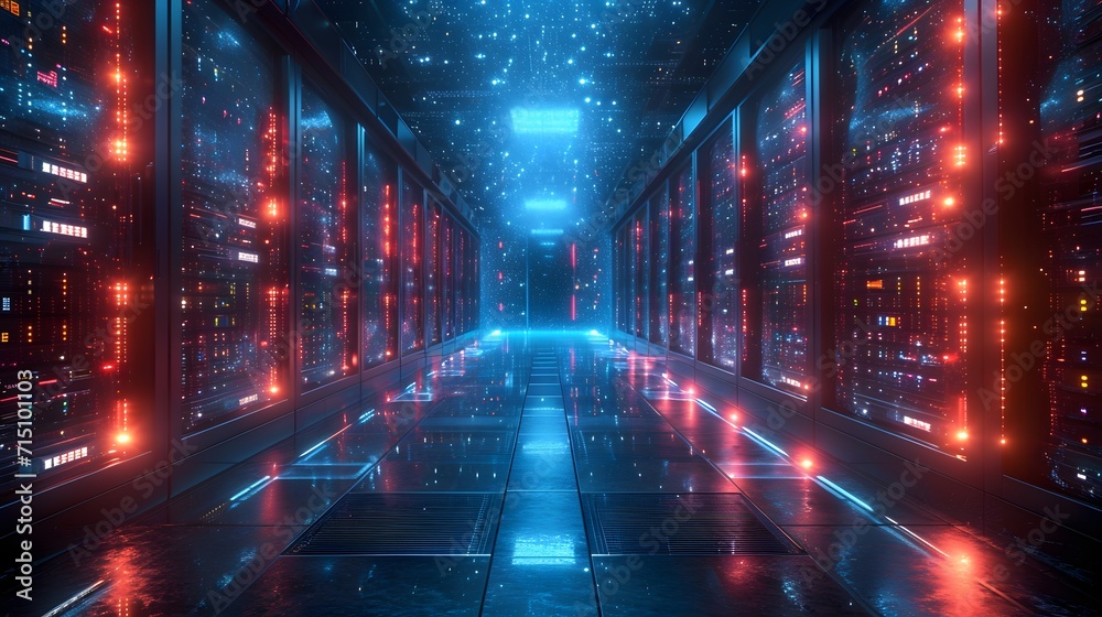 large server room in a data center with light. abstract background with glowing lights