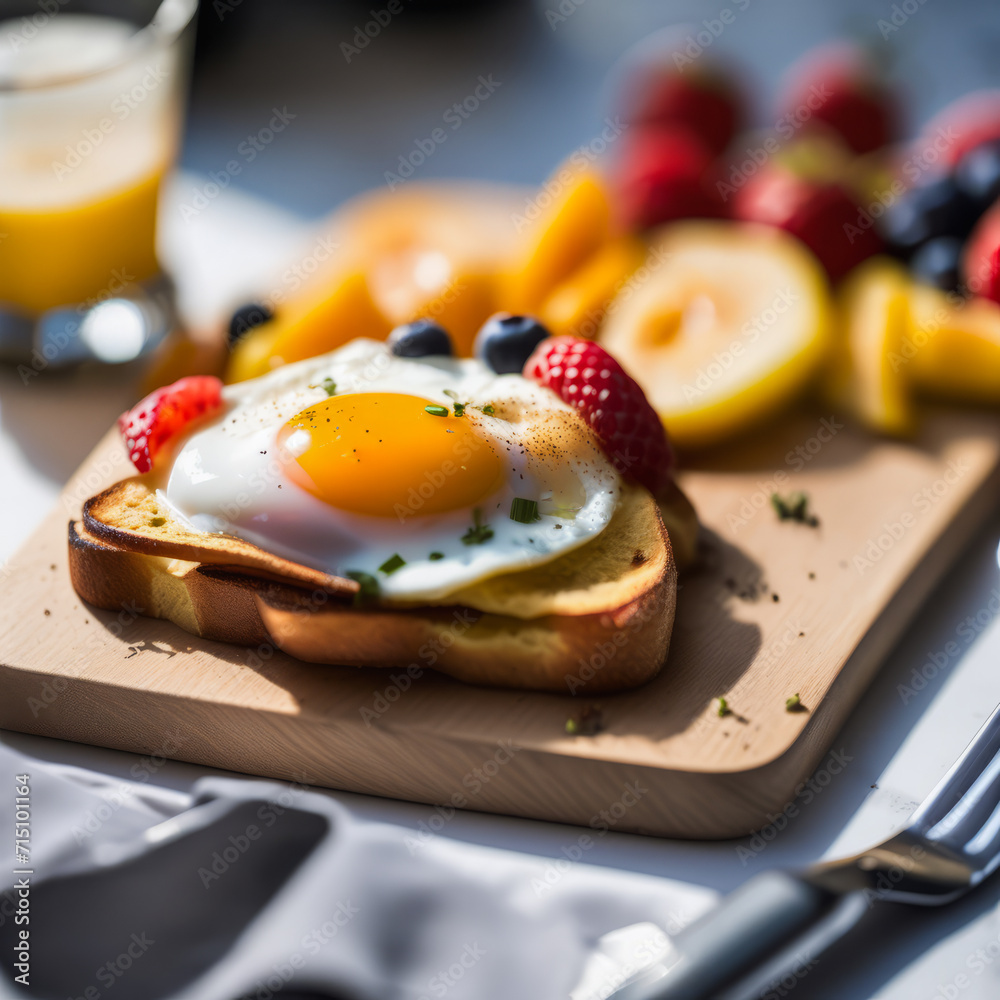 A nutritious breakfast ensemble with an array of fruits on a wooden cutting board. A nutritious breakfast ensemble with an array of fruits on a wooden cutting board.