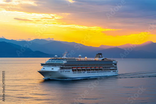Luxury cruise ship sailing to port on sunrise