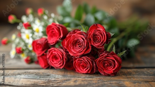 Red roses flowers on old wooden background with place for text. Romantic Valentines holidays concept