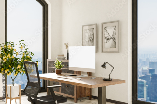 view from angle on modern clean pc workplace; white monitor with copy space; minimalist office background with panoramic view on big city skyline; digital home office concept; 3D rendering