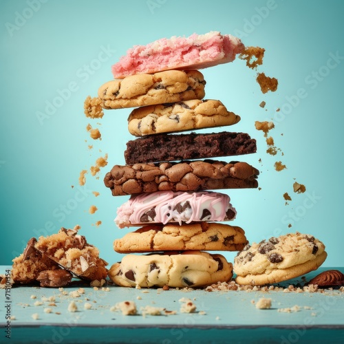 a stack of cookies and doughnuts with sprinkles coming out of them on a blue background.