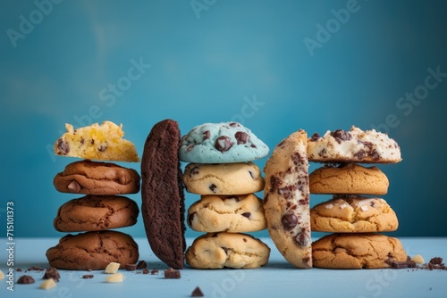  a stack of cookies, cookies, and cookies on a blue background with the word cookies spelled out in front of them.