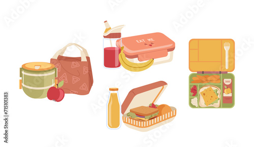 Lunch boxes, packs, bags with food for snack, packed meal portions and drinks isolated set