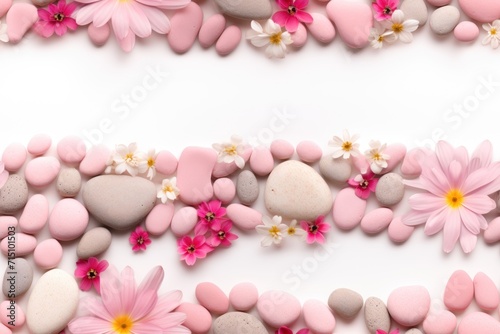  a group of pink and white rocks and flowers on a white background with a border of pink and white rocks and flowers on a white background.