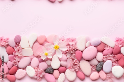  a pink and white background with pink and white rocks and a flower on top of one of the rocks is pink and white and has a yellow center flower in the middle.