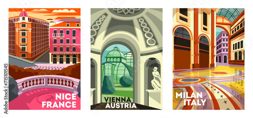 Travel Destination Posters set. Architectural landmarks of Milan, Nice and Vienna. Tourism, journey and vacation in European city. Cartoon flat vector illustrations isolated on white background