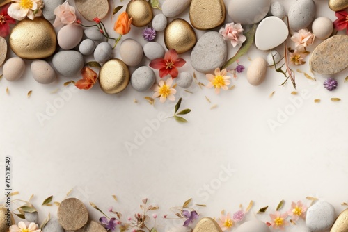  a group of rocks and flowers on a white background with a place for a text or an image to put on it.
