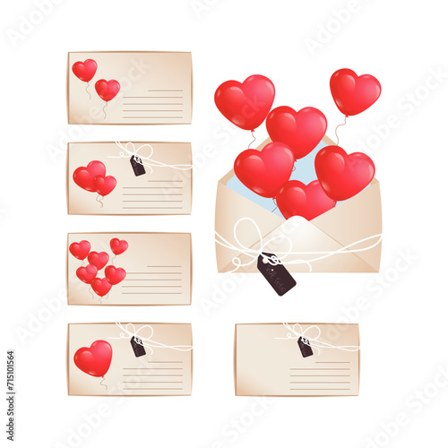 Set of love letters. Envelopes with declarations of love in a cartoon flat style. Letter with. Balls in the shape of a heart. A bright declaration of love. Vector illustration full of love. 