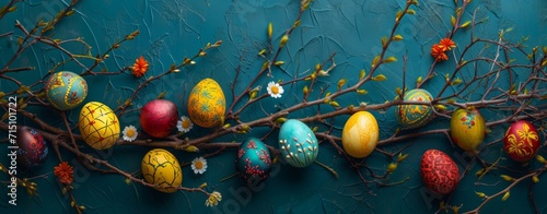 Colorful easter eggs and spring flowers on blue background, panorama. Happy Easter concept