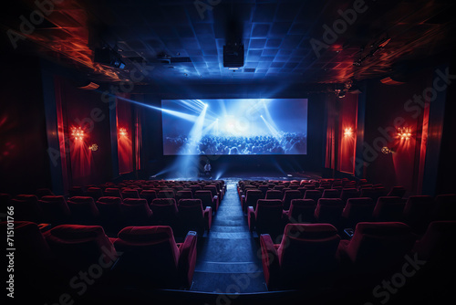 Empty dark cinema hall with a movie running on the screen. Generated by artificial intelligence
