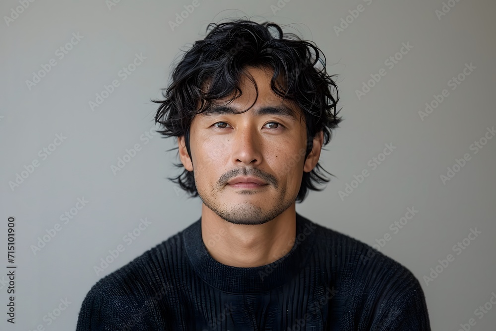 Beautiful Handsome Asian model with curly hair posing for photo. man in a black sweater is standing Beautiful Handsome Asian model with curly hair posing for photo. man in a black sweater is standing