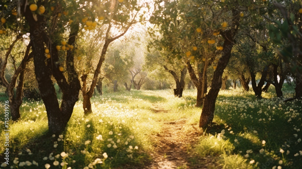  a dirt path in the middle of a forest with lots of trees and flowers on both sides of the path.