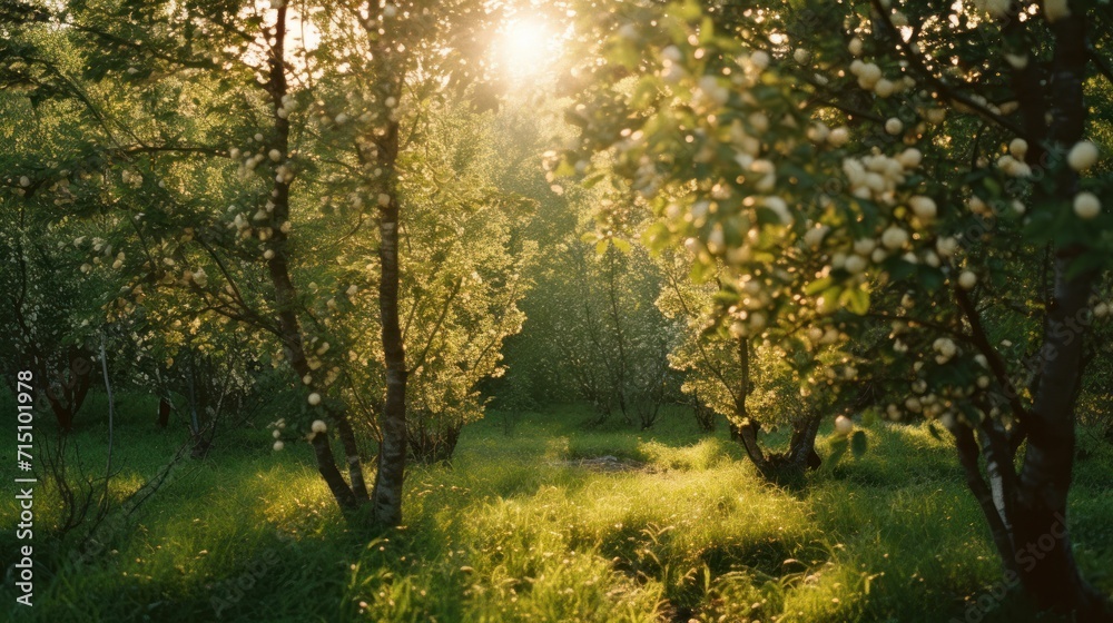 the sun shines through the trees in a grassy area with a pond in the middle of the grass and trees on either side of the path. the sun shines through the trees in a grassy area with a pond in the middle of the grass and trees on either side of the path.