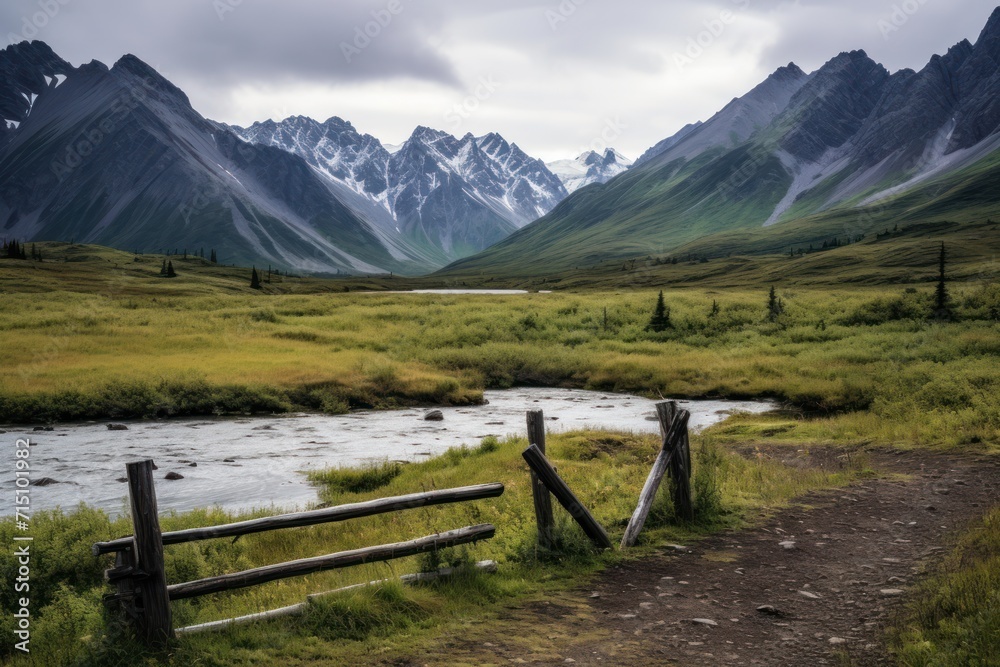  a river running through a lush green field next to a lush green hillside covered in snow covered mountain range in the distance.