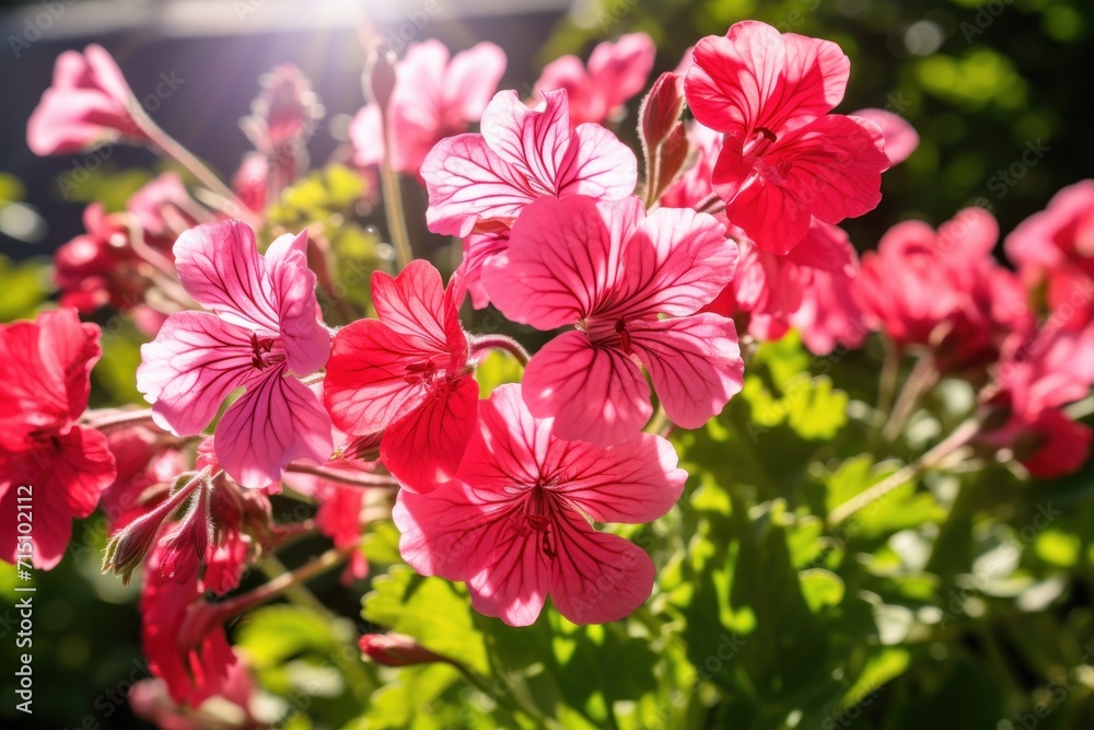 a close up of a bunch of pink flowers in a field with the sun shining through the leaves of the flowers.