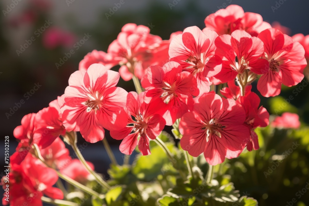 a close up of a bunch of red flowers in a pot with green leaves in the foreground and a blurry background in the background. a close up of a bunch of red flowers in a pot with green leaves in the foreground and a blurry background in the background.