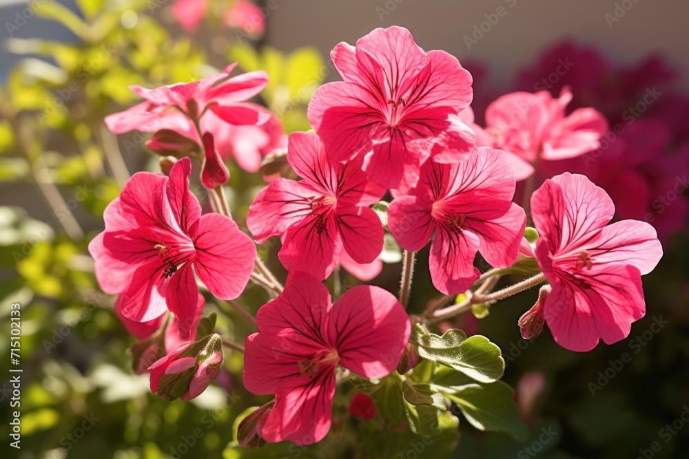 a close up of a bunch of pink flowers with green leaves in the foreground and a white building in the background. a close up of a bunch of pink flowers with green leaves in the foreground and a white building in the background.