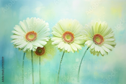  a painting of three white daisies on a blue and green background with a red center in the middle of the daisies.