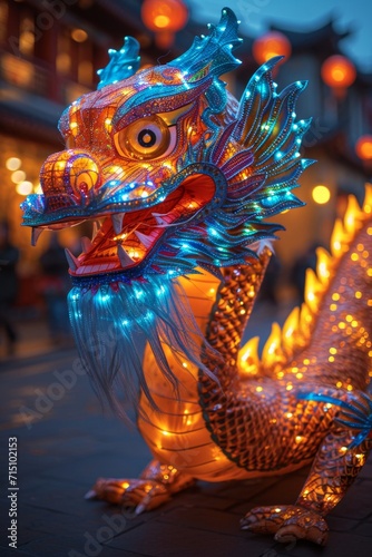 Chinese new year, Dragon Dance in a Glowing Parade, A hyper-realistic depiction of a dragon dance performance with intricate details