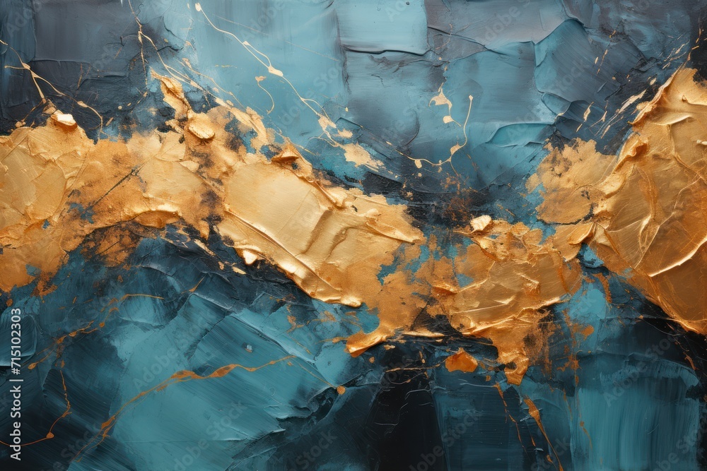  a close up of a painting of gold paint on a blue and black background with gold paint on the edges of the painting.