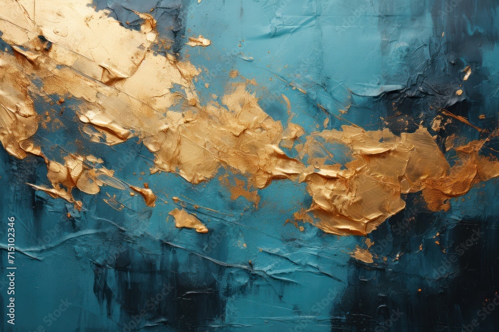  a close up of a painting with gold paint on a blue and black background with gold paint on the bottom half of the painting.