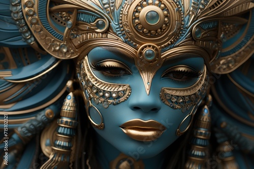  a close up of a woman's face wearing a blue and gold mask with gold decorations on her face.