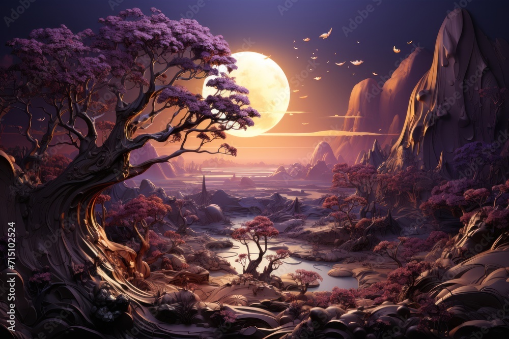  a painting of a landscape with trees, rocks, and a body of water with a full moon in the background.