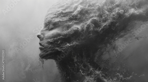 Impersonation of anxiety. Smoke and fog in the head. Concept image of anxiety, loneliness, fear and negative emotion.