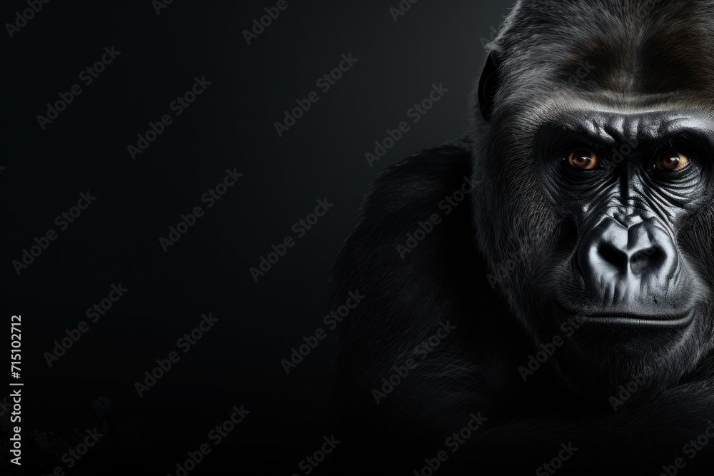 a close up of a gorilla's face with an intense look on it's face and a black background. a close up of a gorilla's face with an intense look on it's face and a black background.