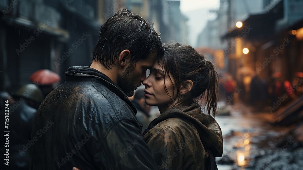A man hugs a woman against the backdrop of a destroyed city. Generated by artificial intelligence A man hugs a woman against the backdrop of a destroyed city. Generated by artificial intelligence